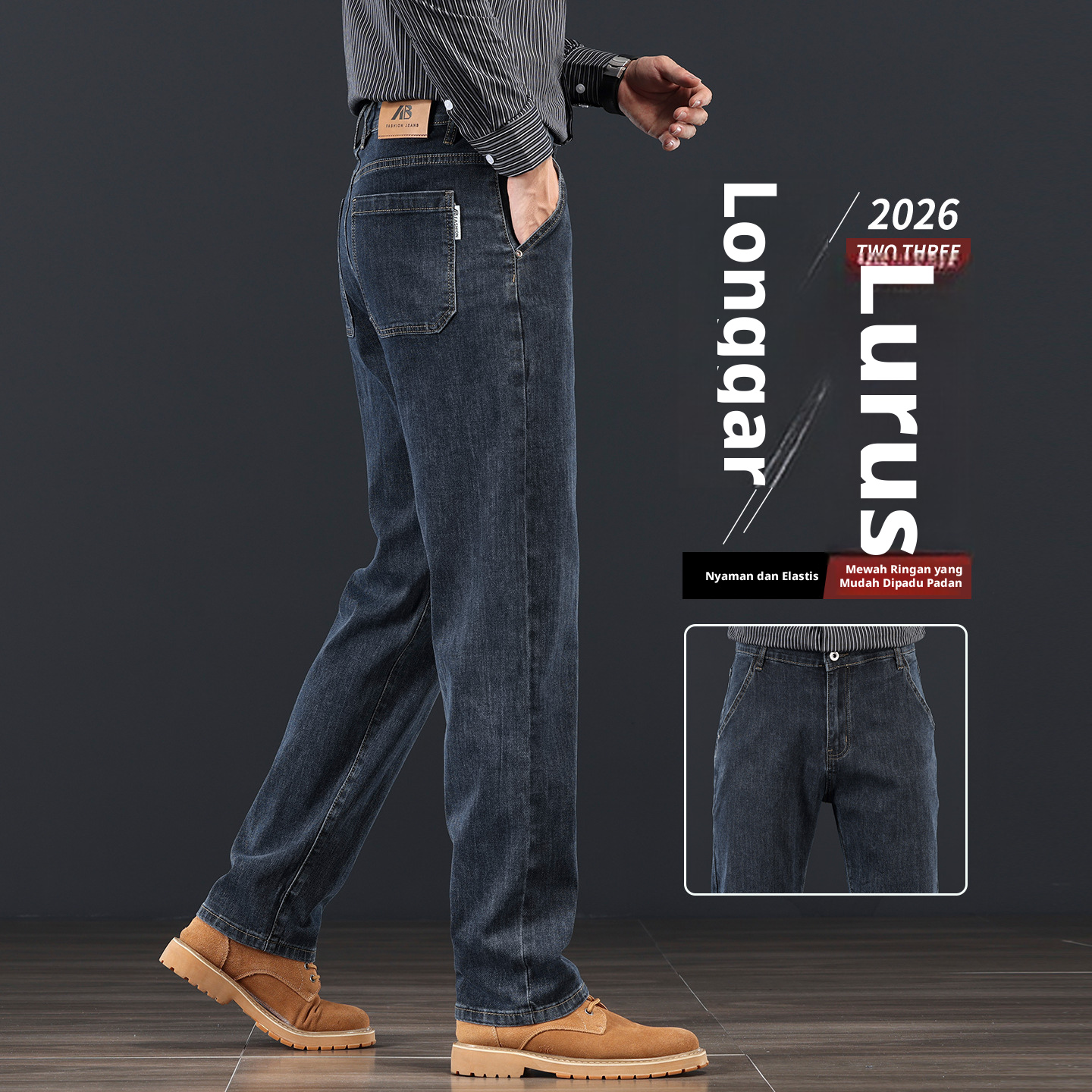 Jeans Biru-Abu-abu Kaki Lurus Longgar Pria, Celana Denim Katun Pinggang Tinggi untuk Bisnis Musim Dingin Kasual