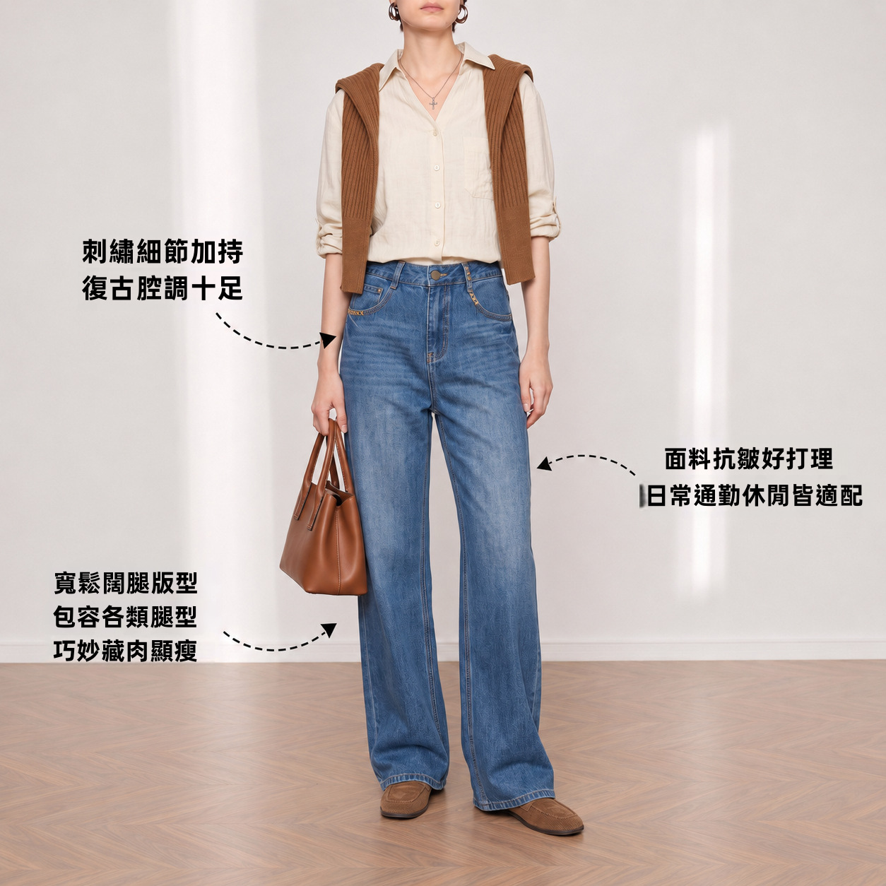 Yuxene 女式高腰寬腿牛仔褲，金色刺繡設計，萊賽爾混紡復古藍色牛仔褲