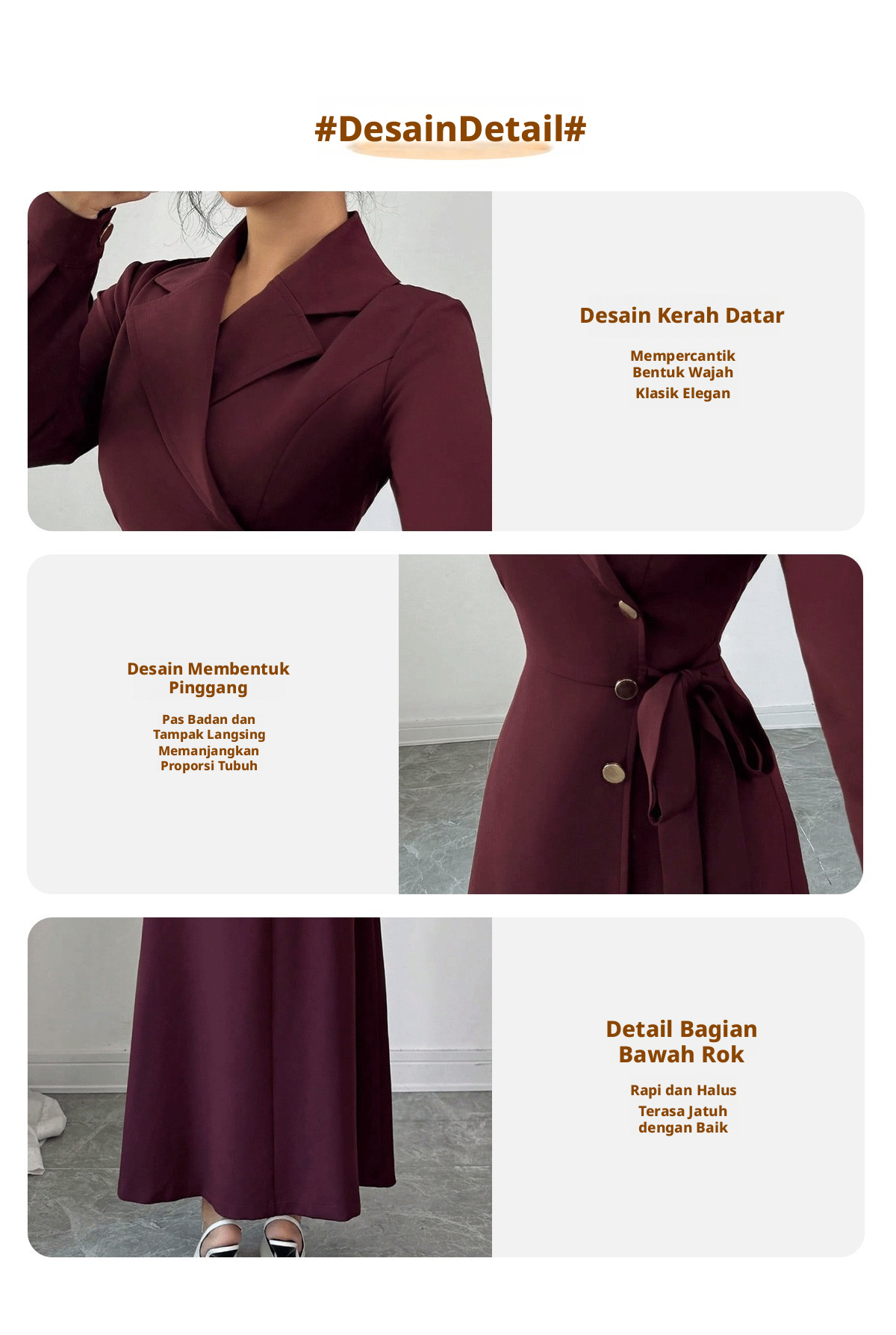Gaun midi blazer lengan panjang wanita dengan ikat pinggang dan kerah, gaun komuter dari poliester polos.