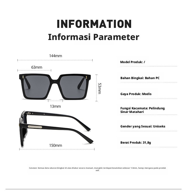 Kacamata Hitam Polarized Square untuk Pria dan Wanita, Kacamata Pelindung Mata UV400 dengan Lensa Hitam Full Frame untuk Mengemudi dan Aktivitas Luar Ruangan