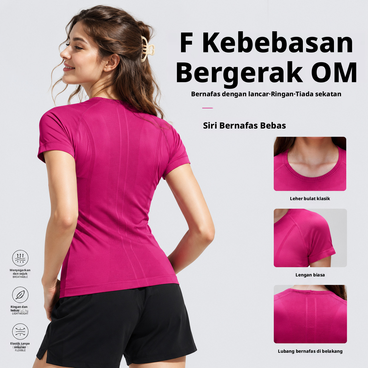 Baju T Yoga Lengan Pendek Berkolar Bulat Untuk Wanita, Bahan Bernafas, Rekaan Slim Fit untuk Berlari dan Di Gimnasium S2067