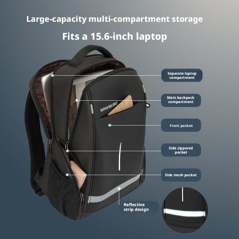 Men’s Black Oxford Cloth Backpack, 16-inch Laptop Business Commuter Bag, Water-Resistant Large Capacity Daypack