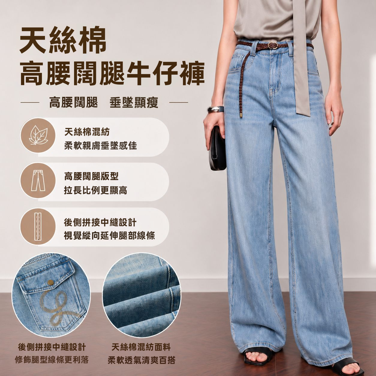 YUNCHANG 女式高腰寬腿牛仔褲，帶復古刺繡，採用天絲、萊賽爾與棉質混紡，藍色款