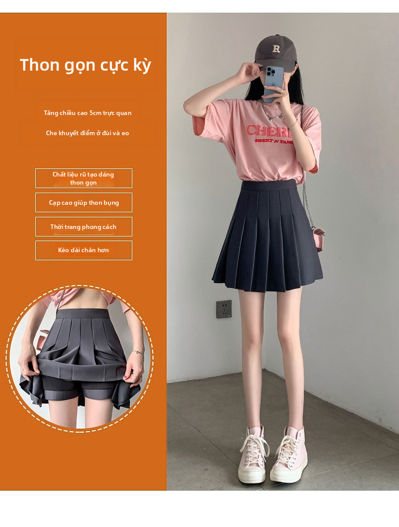 Chân váy ngắn xếp ly màu đen dành cho nữ có túi, chân váy ngắn dáng A ôm eo cao.