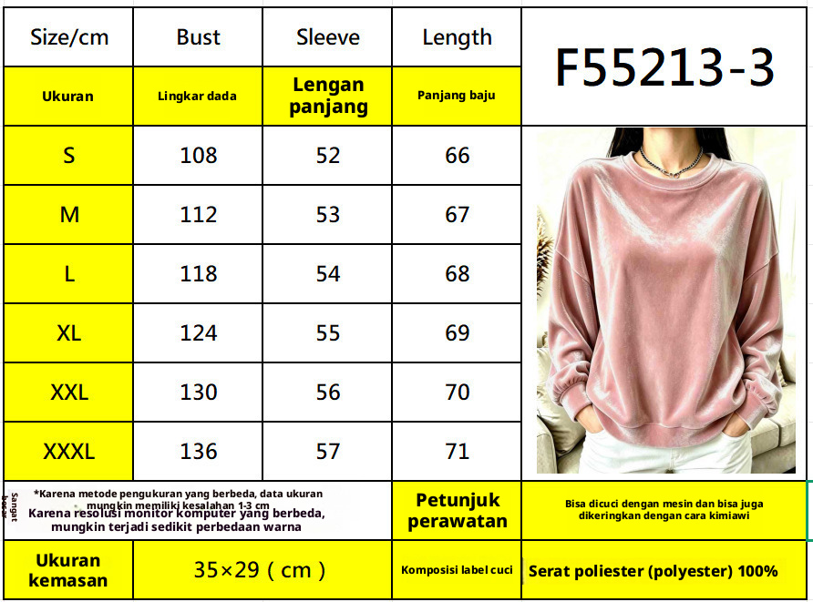 Kemeja T Wanita Velvet Lengan Panjang Kerah Crew, Atasan Kasual Warna Solid untuk Musim Gugur dan Musim Dingin