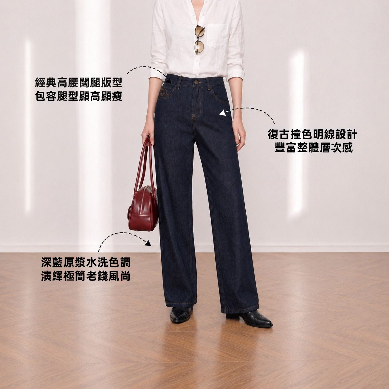 Yuxene 女款高腰寬腿牛仔褲，原色牛仔通勤長褲 KN006