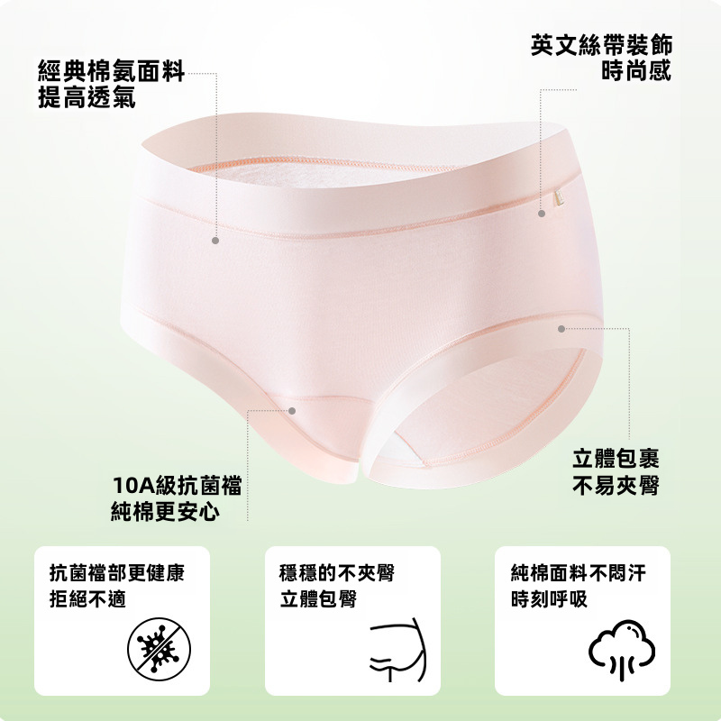 女性無縫抗菌三角內褲，利賽爾棉製加強層，中高腰隱形內衣
