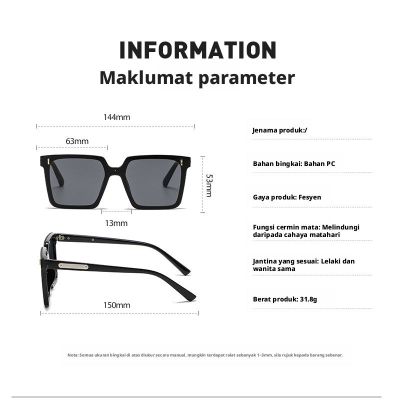 Kaca mata hitam polarisasi berbentuk segi empat untuk lelaki dan wanita, kaca mata UV400 dengan lensa hitam penuh untuk memandu dan aktiviti luar.