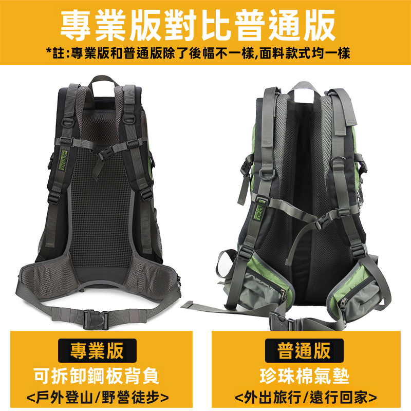 40升男女通用徒步背包，輕量級尼龍登山日用包，配備透氣懸掛背負系統。