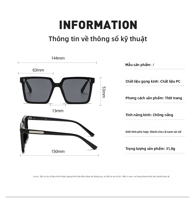 Kính râm phân cực hình vuông dành cho nam và nữ, kính râm tròng đen UV400 full frame dùng để lái xe và hoạt động ngoài trời