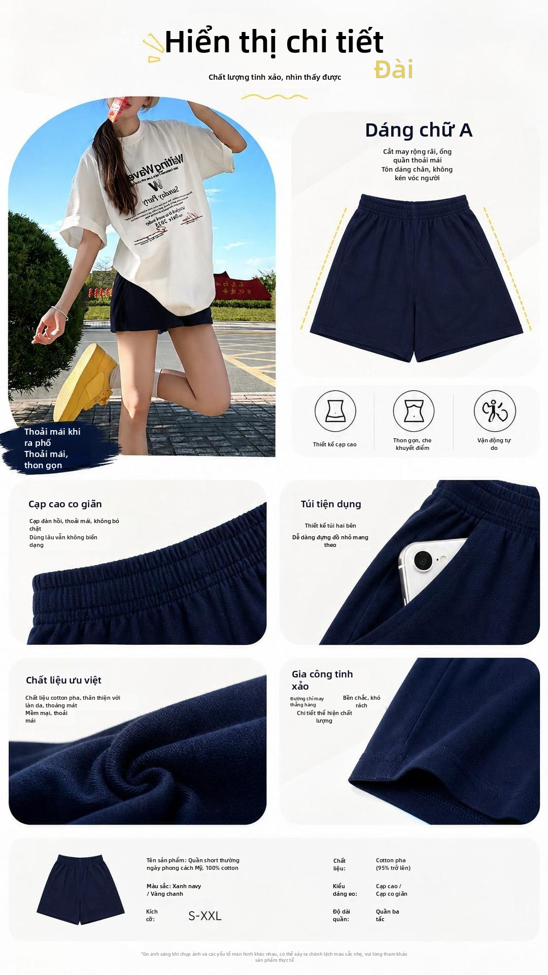 Quần short nữ chất vải cotton cạp cao, kiểu dáng A-line thoải mái cho mùa hè