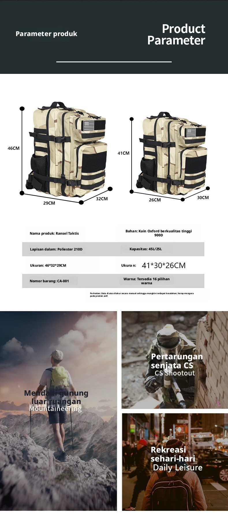 Ransel Luar Ruangan Kain Oxford 45L, Tahan Air, Ringan, Ransel Taktis untuk Pria dan Wanita