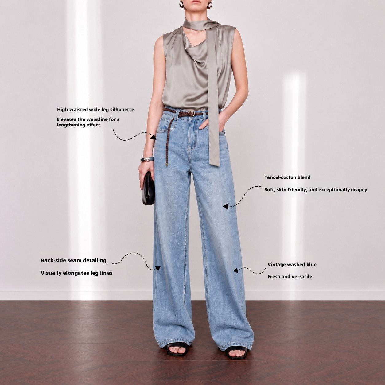 YUNCHANG Women's High Waist Wide Leg Jeans with Vintage Embroidery, Tencel Lyocell Cotton Denim Blue