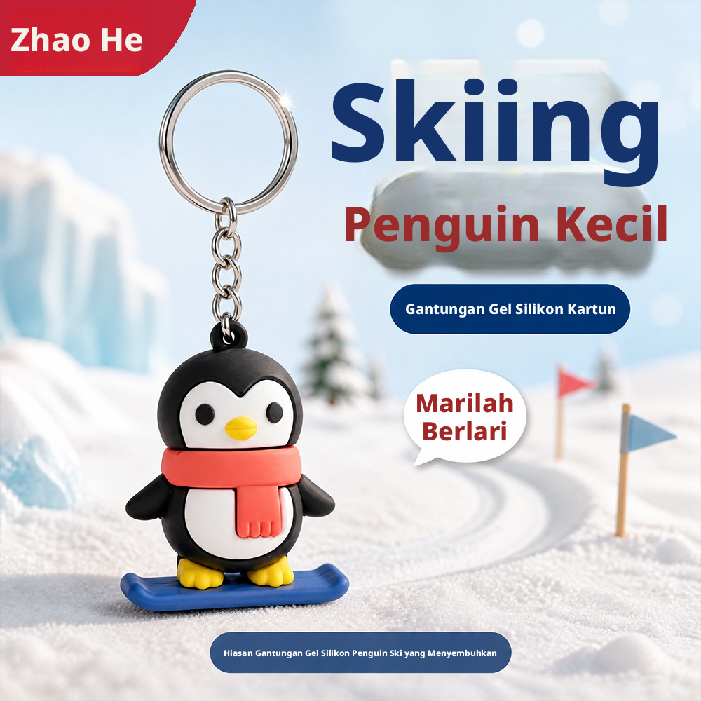 Gantungan kunci penguin skater kartun comel, hiasan beg berbahan getah lembut PVC untuk beg galas.
