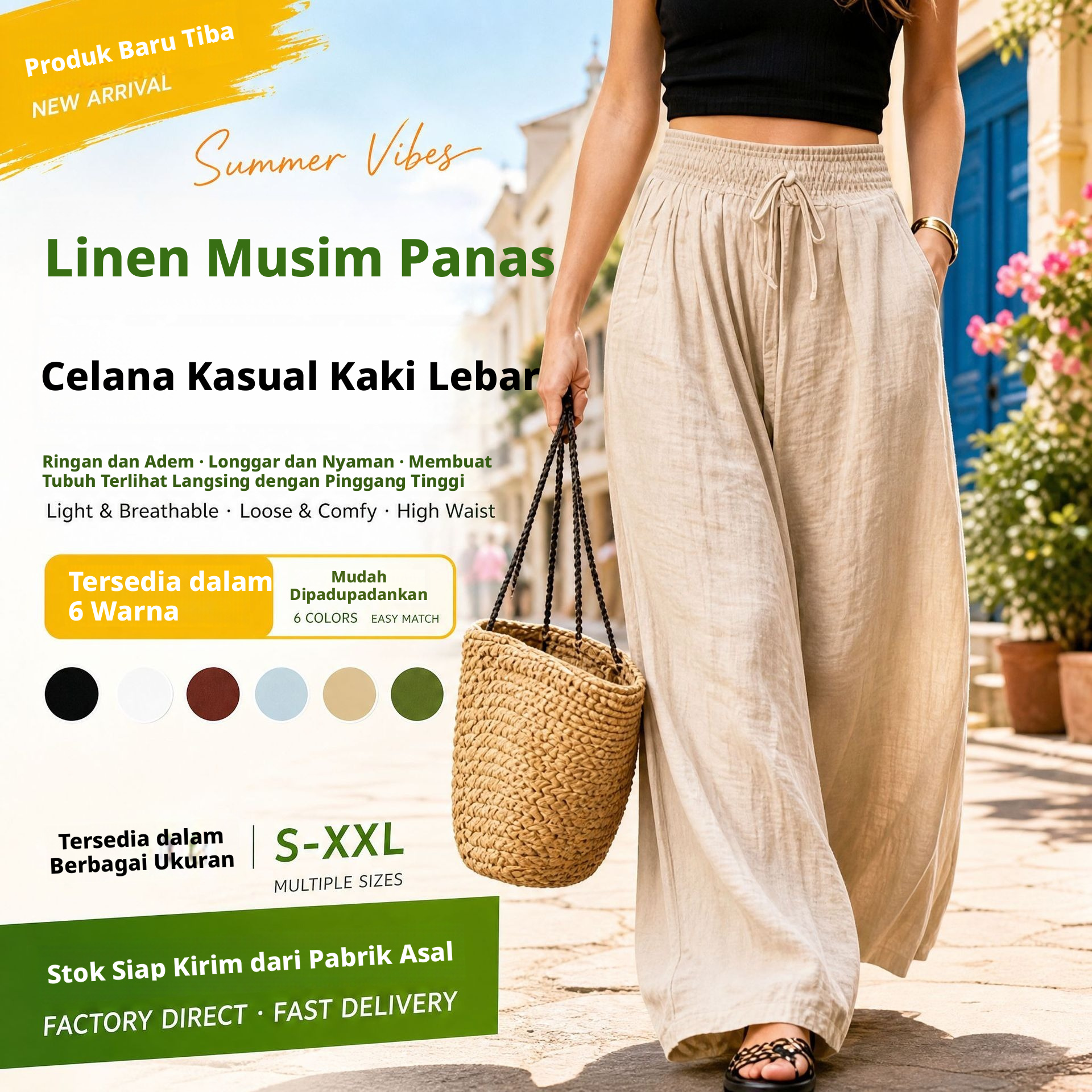 Celana Kasual Wanita Musim Panas dengan Pinggang Tinggi dan Kaki Lebar, Celana Poliester Longgar dan Lurus