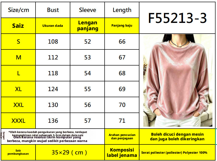 Baju T-shirt Wanita Velvet Lengan Panjang Leher Bulat, Baju Kasual Warna Seragam untuk Musim Gugur dan Musim Sejuk