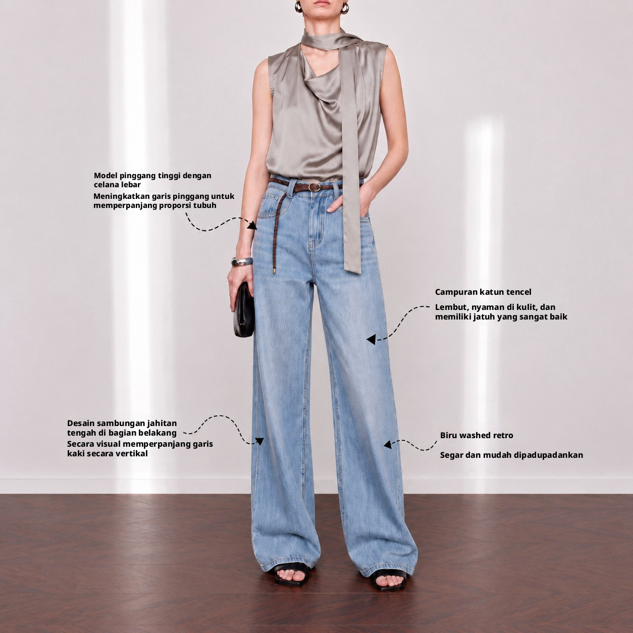 YUNCHANG Celana Jeans Wanita Pinggang Tinggi Kaki Lebar dengan Sulaman Vintage, Bahan Tencel Lyocell Kapas Denim Biru