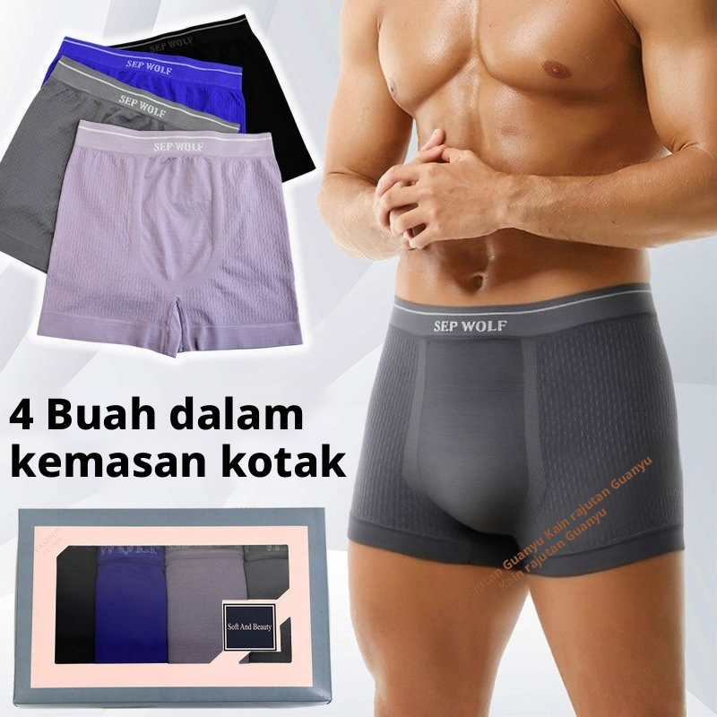 Celana Boxer Mulus Pria, Pakaian Dalam Olahraga Bernapas Mid Rise Elastis Tinggi, Kotak 4 Paket