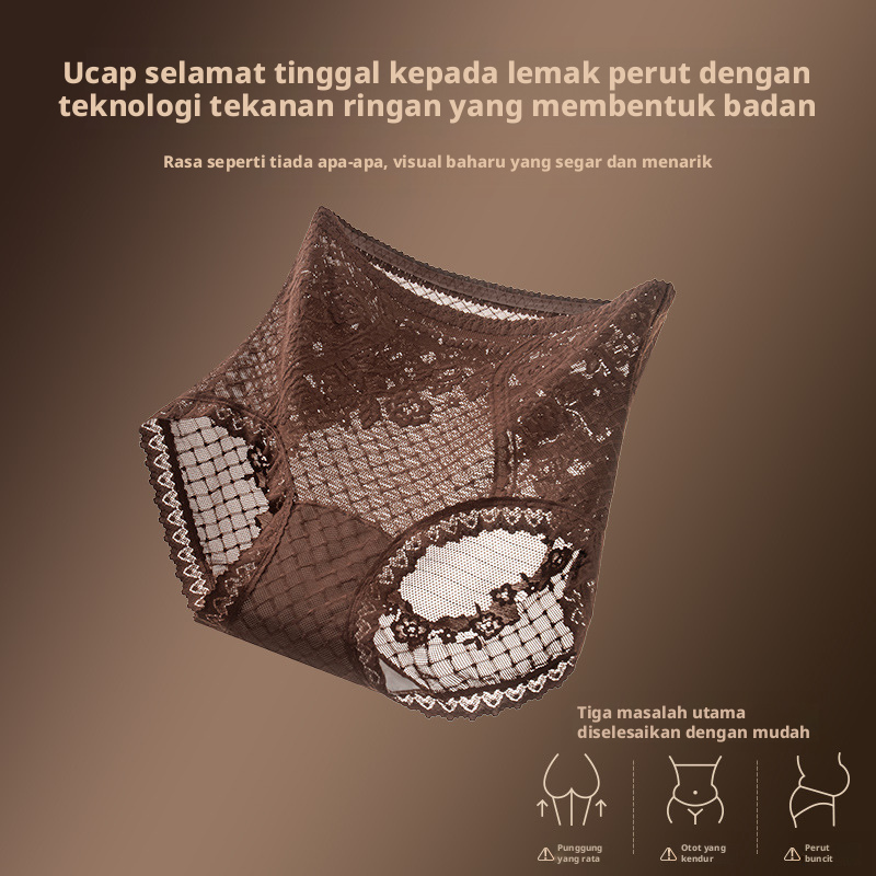 Seluar dalam wanita pinggang tinggi berrenda Perancis yang membentuk bentuk badan, dilengkapi lapisan kapas, kawalan perut dan fungsi angkat pinggul.