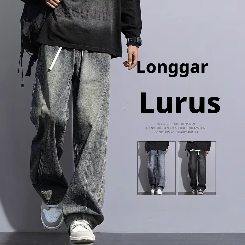 Seluar Jeans Kaki Lurus Lelaki, Seluar Denim Kasual Longgar Tebal untuk Musim Gugur Musim Sejuk