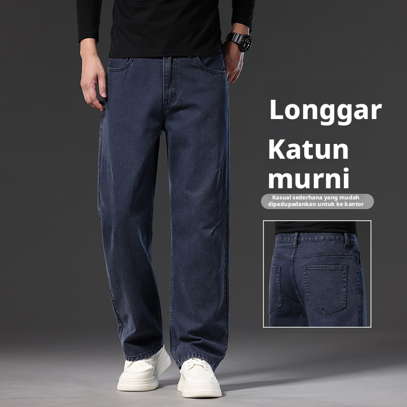 Jeans Kaki Lurus Longgar Pria, Celana Panjang Kasual Katun 100% untuk Musim Semi dan Musim Gugur