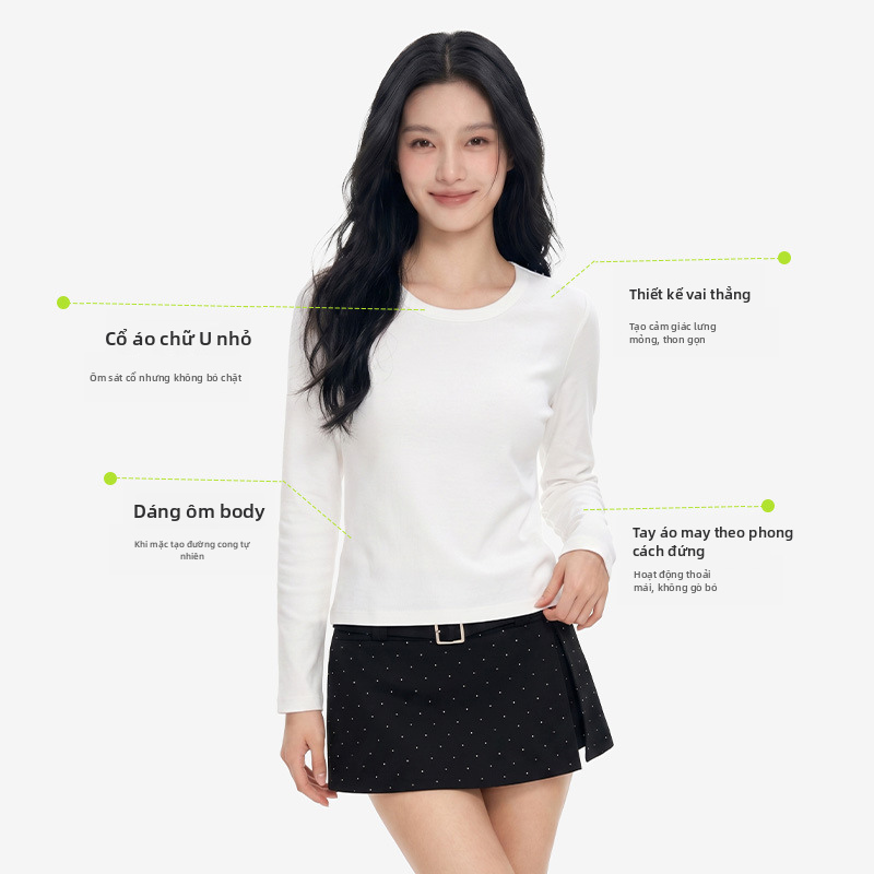 Áo phông tay dài cổ chữ U lót vải fleece dành cho phụ nữ, lớp nền làm từ hỗn hợp cotton form ôm sát cơ thể để mặc hàng ngày