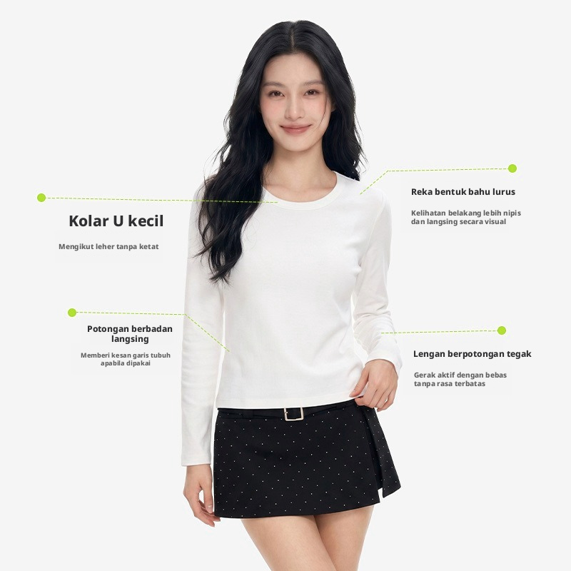 Baju T-shirt Lengan Panjang Leher U untuk Wanita dengan Lapisan Fleece, Lapisan Asas Campuran Kapas Rekaan Slim Fit untuk Pakaian Harian