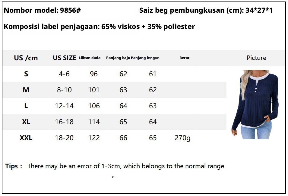 Baju T Wanita Dua Bahagian Buatan Palsu, Leher Bulat, Butang, Ditenun, Lengan Panjang
