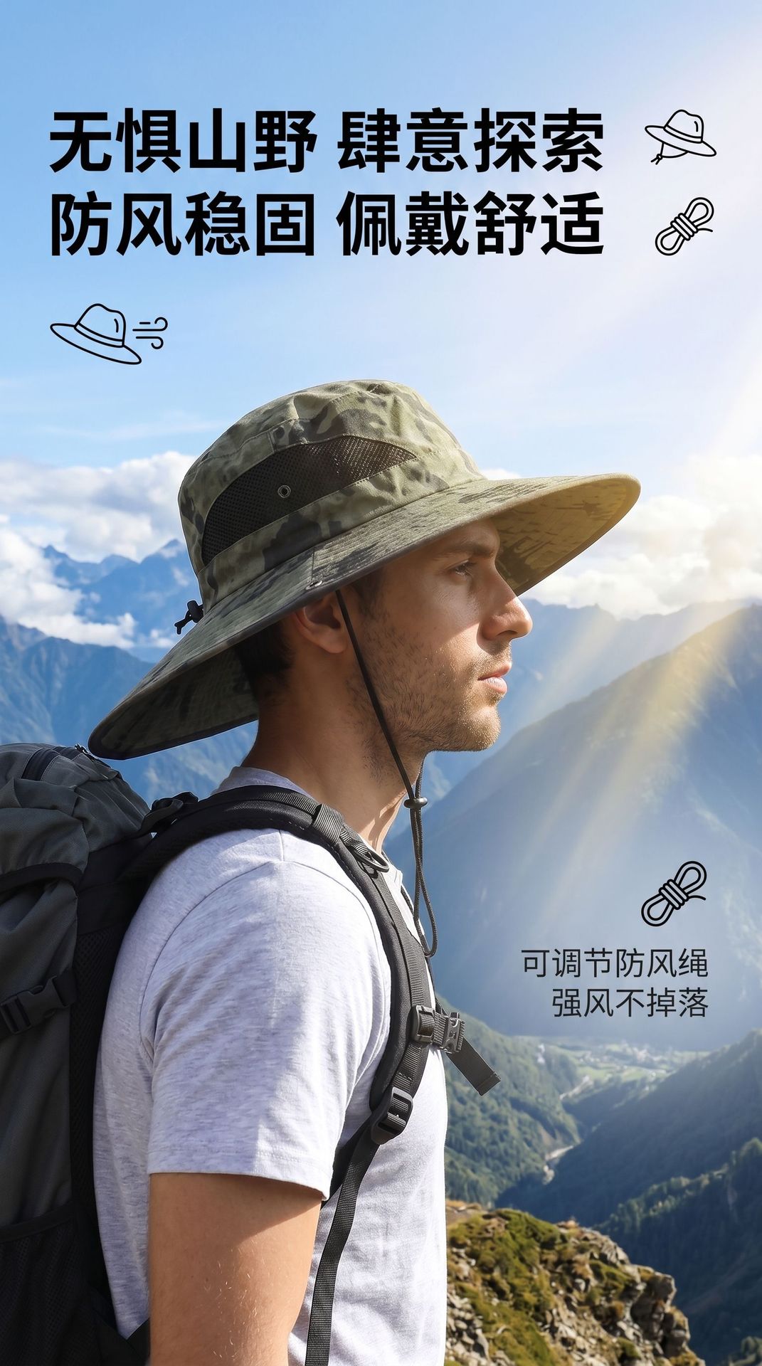 Men Super Wide Brim Sun Hat UPF50+ UV Protection Breathable Outdoor Fishing Hat