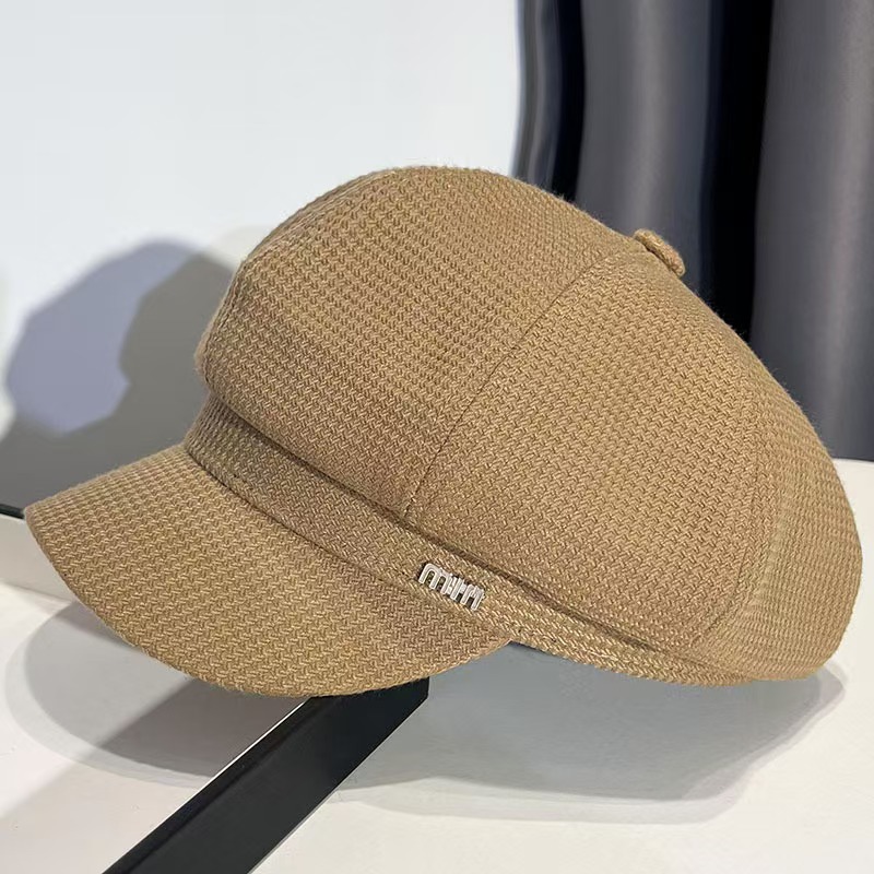 Women French Beret with Short Brim Vintage Wool Blend Newsboy Cap Sun Protection Face Slim Hat for Autumn Winter Daily Outdoor