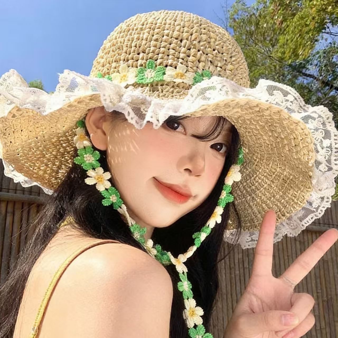 Women Bow Decor Lace Sun Hat Wide Brim UV Protection Summer Outdoor Hat