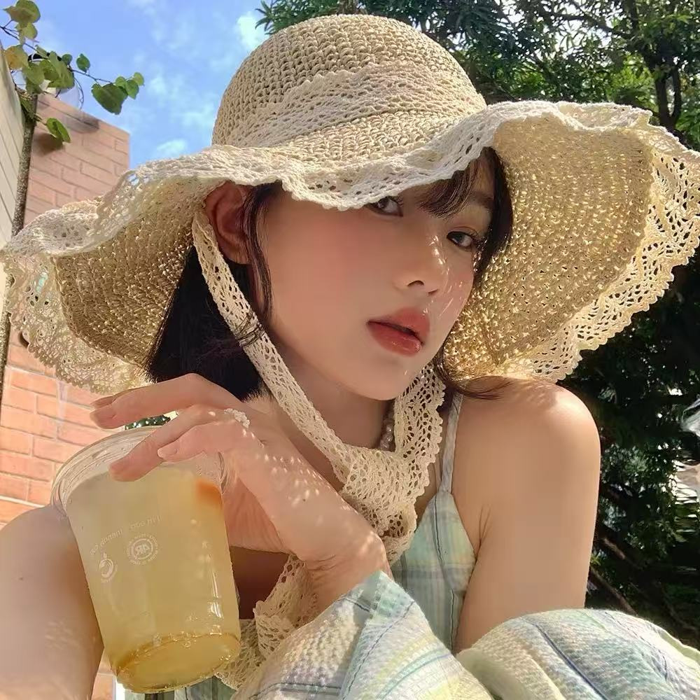Women Bow Decor Lace Sun Hat Wide Brim UV Protection Summer Outdoor Hat
