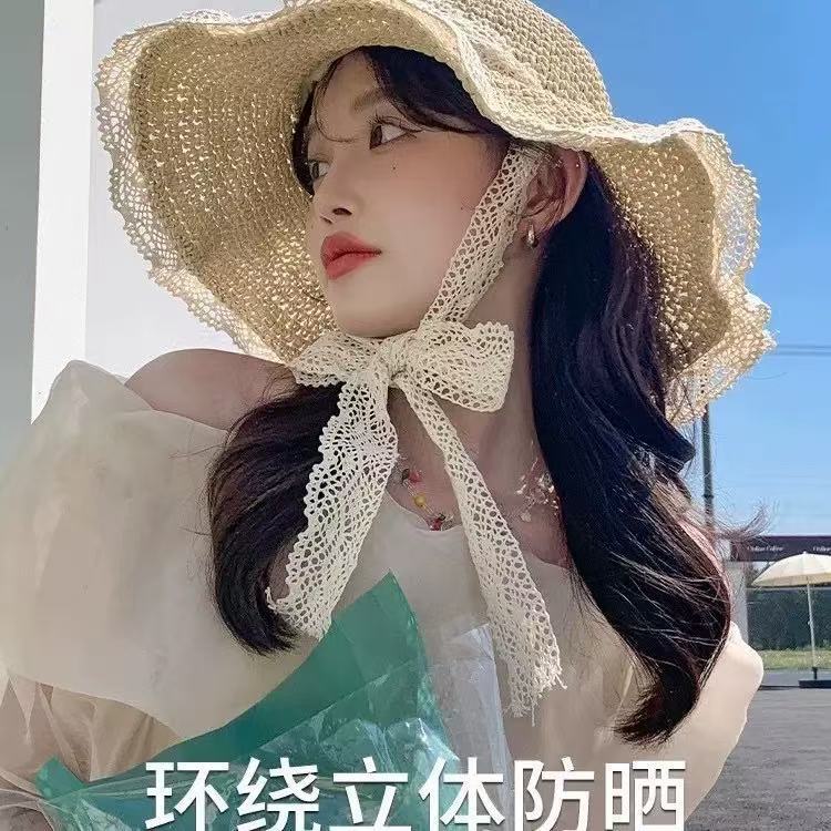Women Bow Decor Lace Sun Hat Wide Brim UV Protection Summer Outdoor Hat