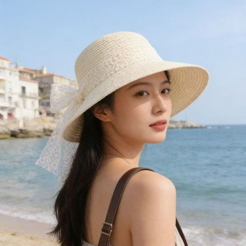 Women Bow Decor Lace Sun Hat Wide Brim UV Protection Summer Outdoor Hat