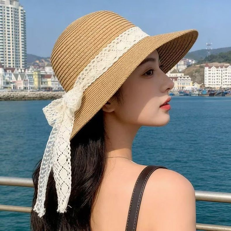 Women Bow Decor Lace Sun Hat Wide Brim UV Protection Summer Outdoor Hat