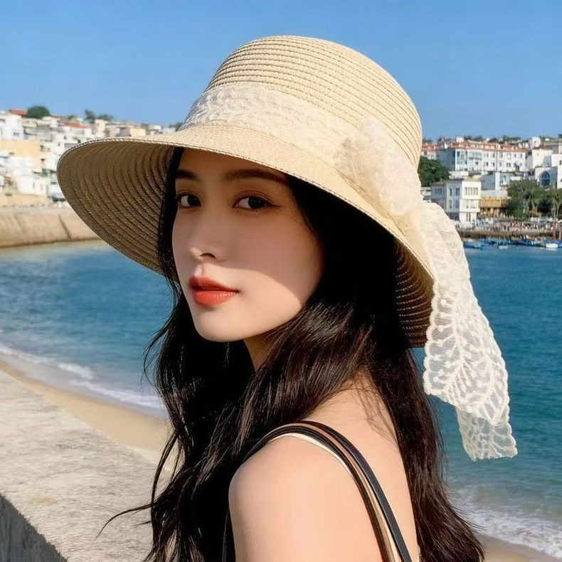 Women Bow Decor Lace Sun Hat Wide Brim UV Protection Summer Outdoor Hat