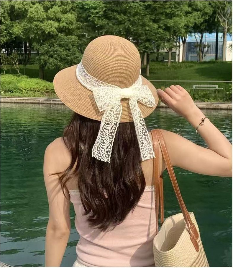 Women Bow Decor Lace Sun Hat Wide Brim UV Protection Summer Outdoor Hat