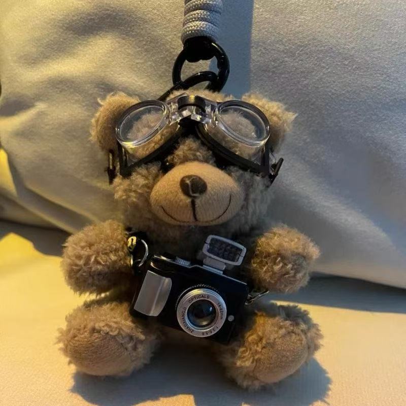 Cute Camera Teddy Bear Plush Keychain Bag Hanging Ornament Stuffed Doll Creative Couple Gift for Men Women
