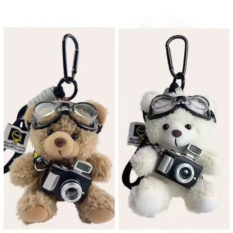 Cute Camera Teddy Bear Plush Keychain Bag Hanging Ornament Stuffed Doll Creative Couple Gift for Men Women