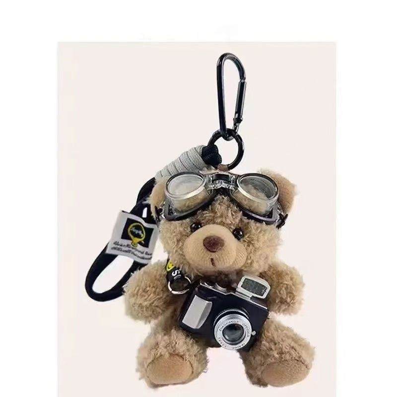 Cute Camera Teddy Bear Plush Keychain Bag Hanging Ornament Stuffed Doll Creative Couple Gift for Men Women