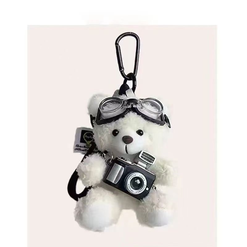 Cute Camera Teddy Bear Plush Keychain Bag Hanging Ornament Stuffed Doll Creative Couple Gift for Men Women