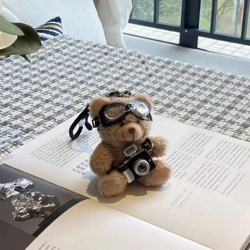 Cute Camera Teddy Bear Plush Keychain Bag Hanging Ornament Stuffed Doll Creative Couple Gift for Men Women