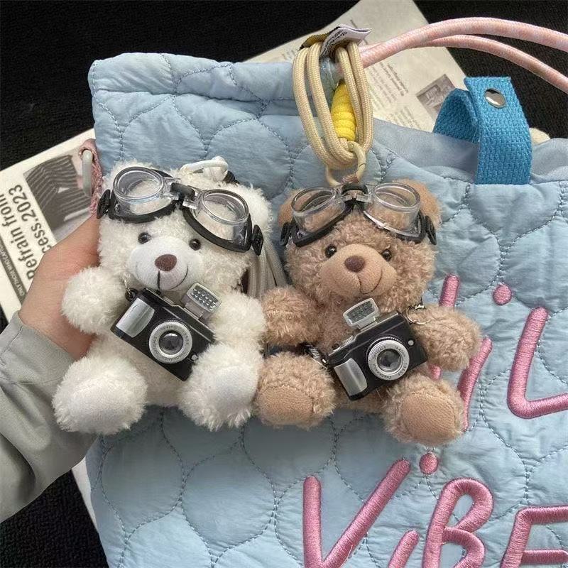 Cute Camera Teddy Bear Plush Keychain Bag Hanging Ornament Stuffed Doll Creative Couple Gift for Men Women