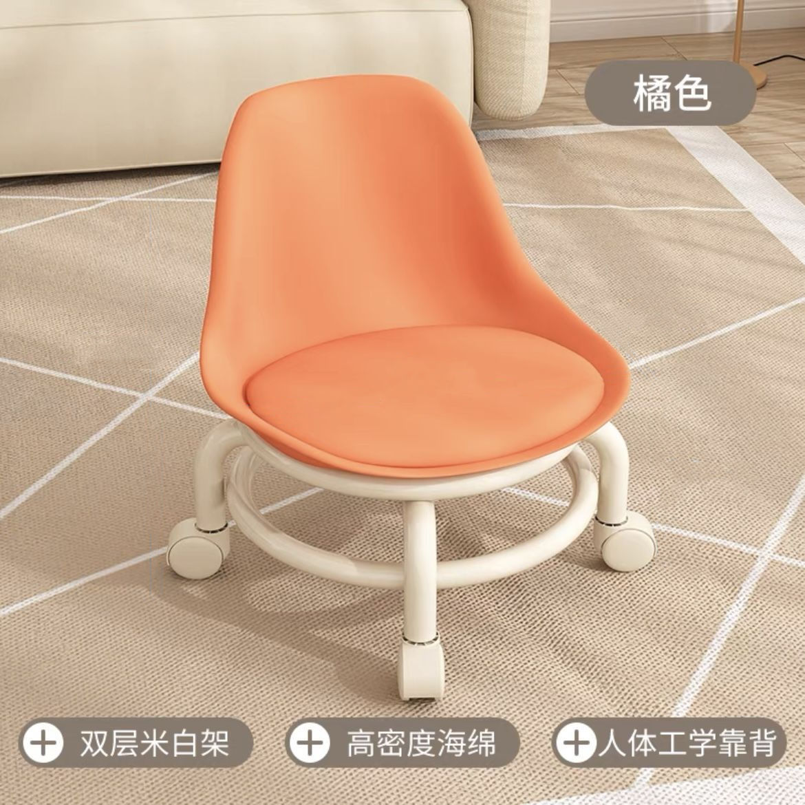 Universal Caster Rolling Low Stool Wear-resistant Pulley Swivel Stool Comfort Padded Mobile Bench for Home Garage Salon Daily Use