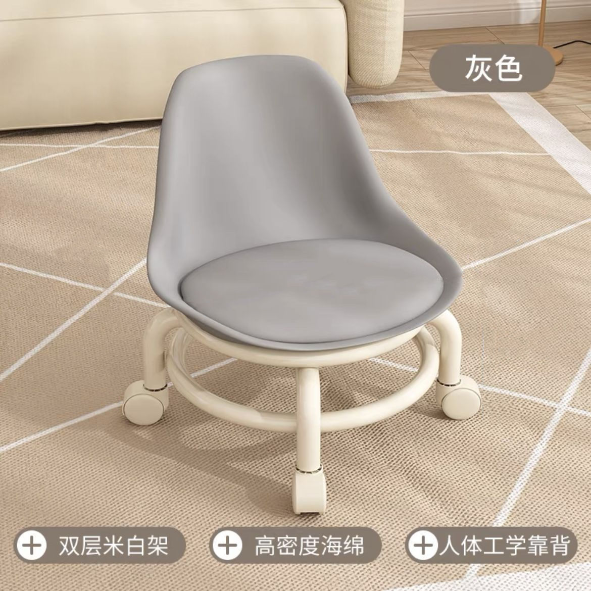 Universal Caster Rolling Low Stool Wear-resistant Pulley Swivel Stool Comfort Padded Mobile Bench for Home Garage Salon Daily Use