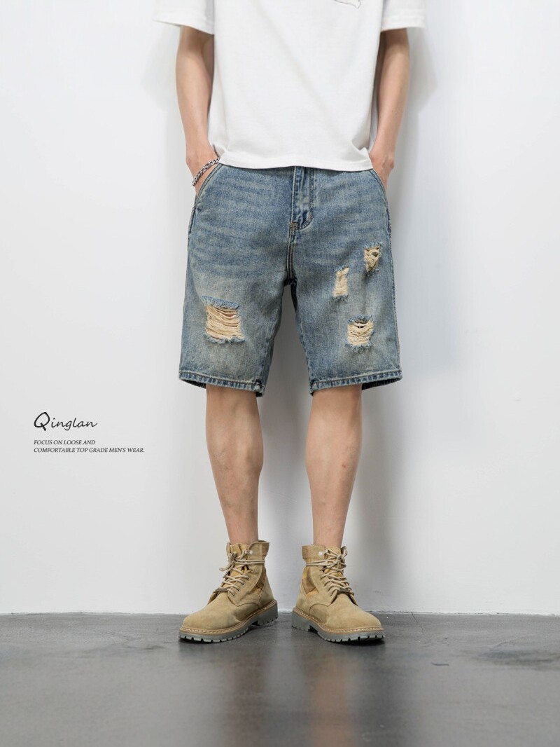 2026 American casual retro beggar ripped denim shorts men's loose trend five-point pants summer thin medium pants