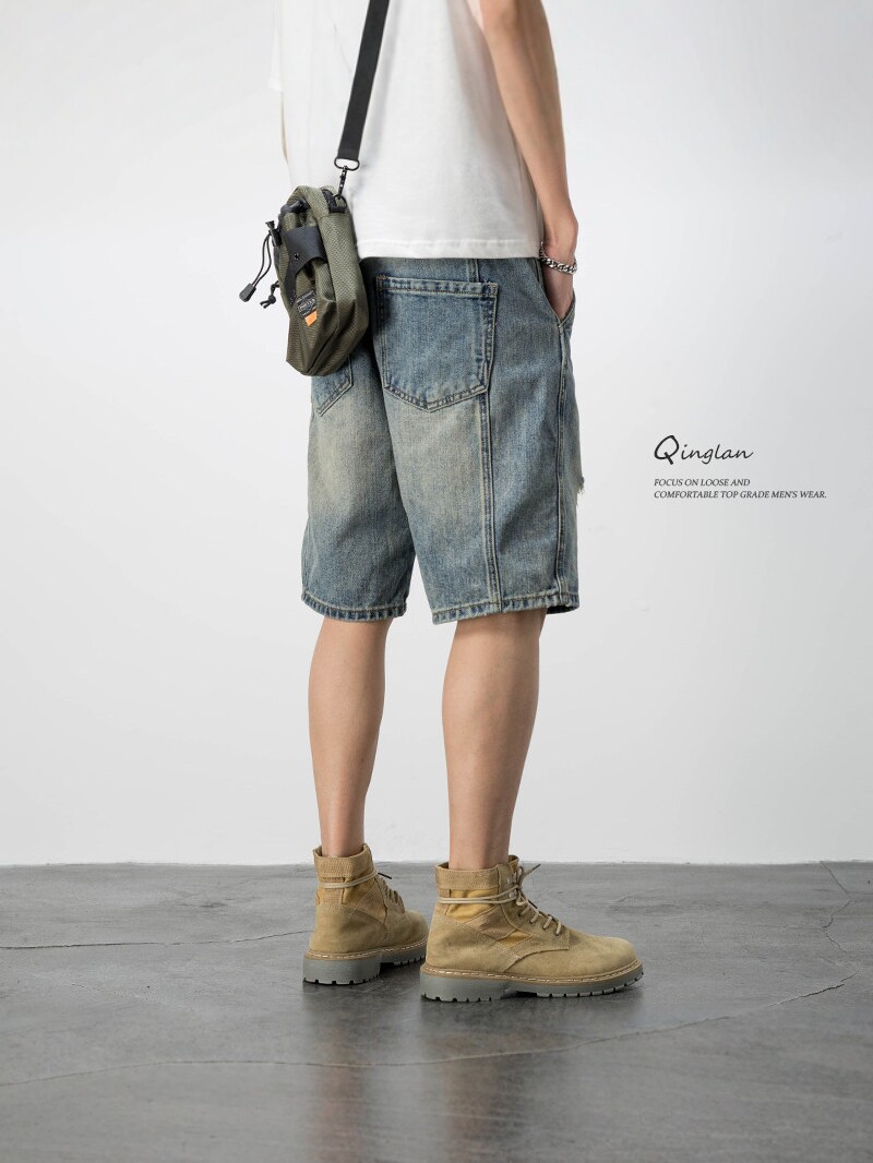 2026 American casual retro beggar ripped denim shorts men's loose trend five-point pants summer thin medium pants