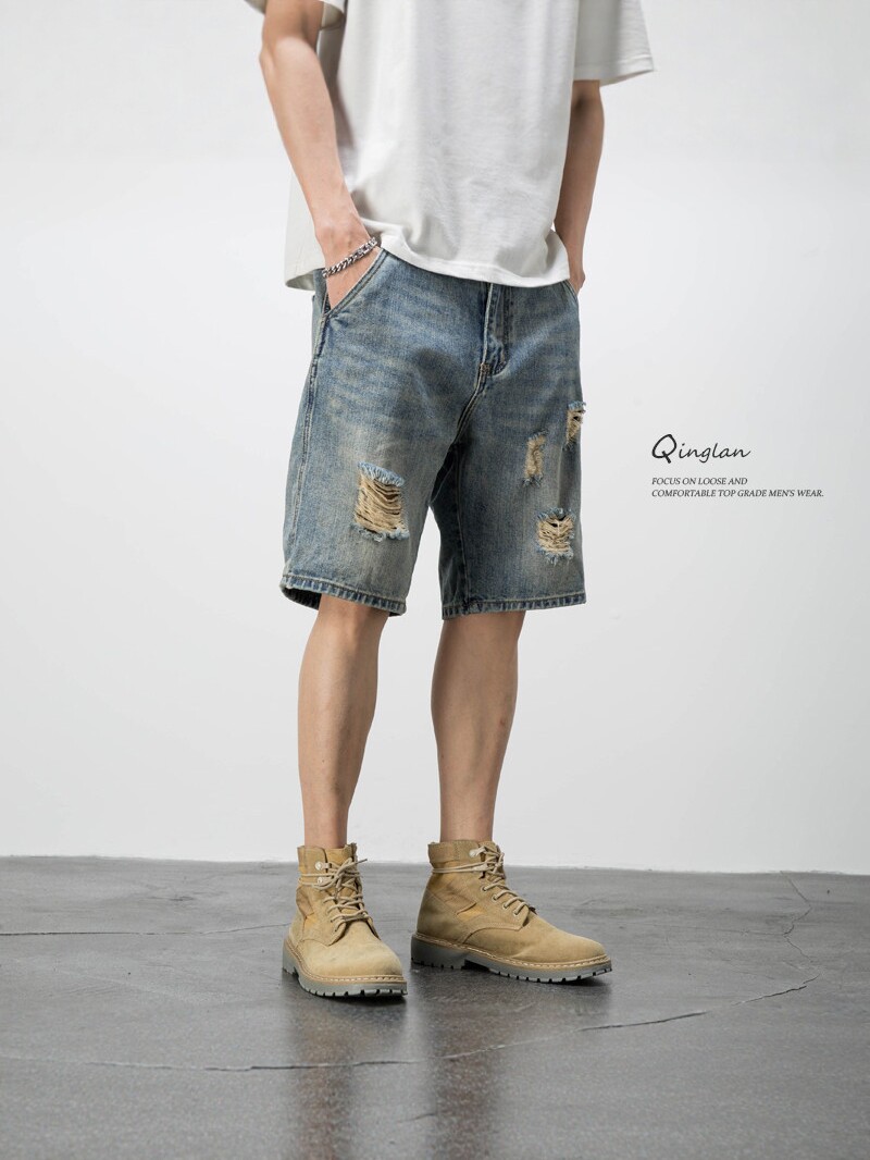 2026 American casual retro beggar ripped denim shorts men's loose trend five-point pants summer thin medium pants