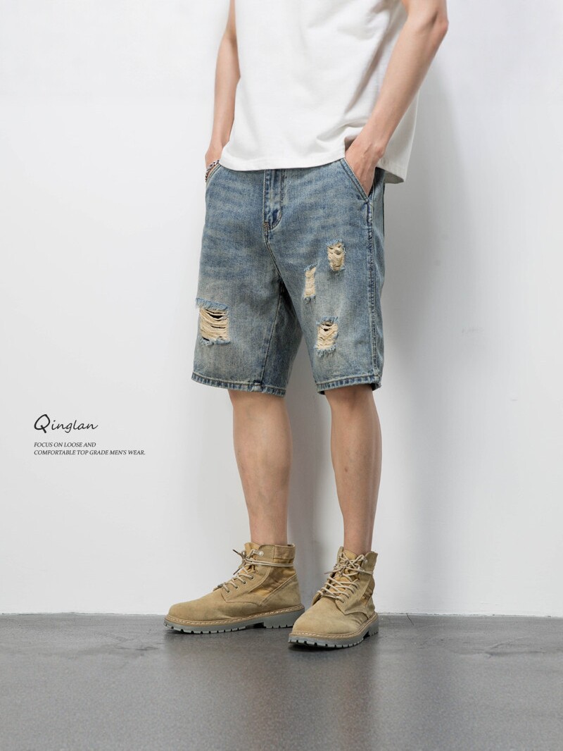 2026 American casual retro beggar ripped denim shorts men's loose trend five-point pants summer thin medium pants