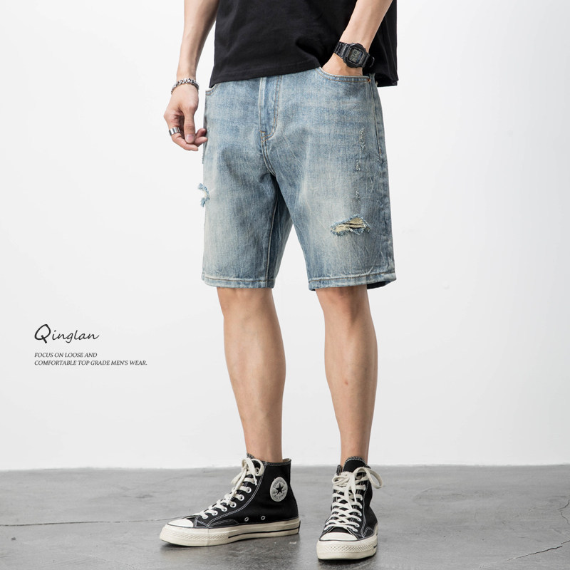 2026 American casual retro beggar ripped denim shorts men's loose trend five-point pants summer thin medium pants